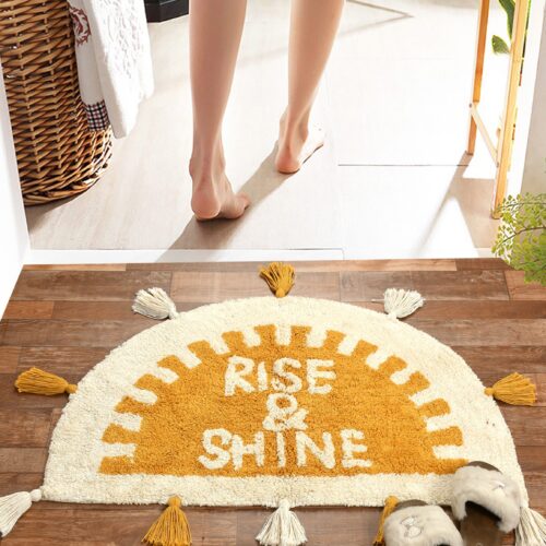 HomewayTex Cotton Bathmat (Yellow & White,Rise & Shine )