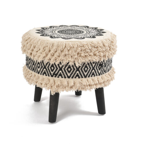 Rosy Printed Handwoven Stool :- Beige & Black