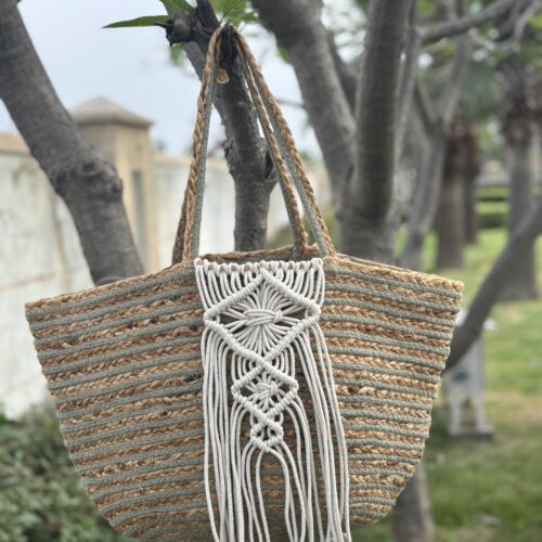 Ethno Jute Macrame Chic Jute Bag:-Natural and Green