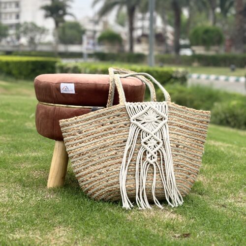 Ethno Jute Macrame Chic Jute Bag:-Natural and Green