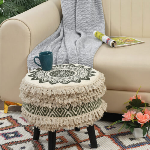 Rosy Printed Handwoven Stool :- Dark Green - Single