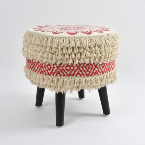 Rosy Printed Handwoven Stool :-Beige & Red