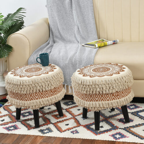 Rosy Printed Handwoven Stool :- Beige & Brown - Pair