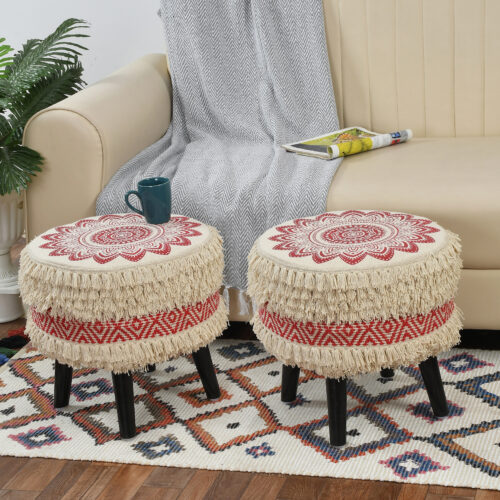 Rosy Printed Handwoven Stool :-Beige & Red - Pair