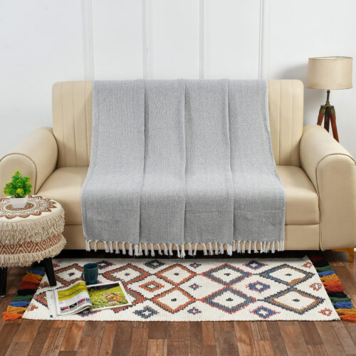 Herringbone Cotton Woven Throw-Grey & White