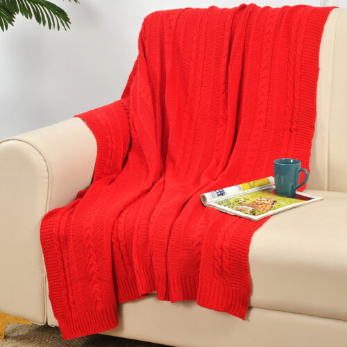 Blossom Knitted  Throw :- Red