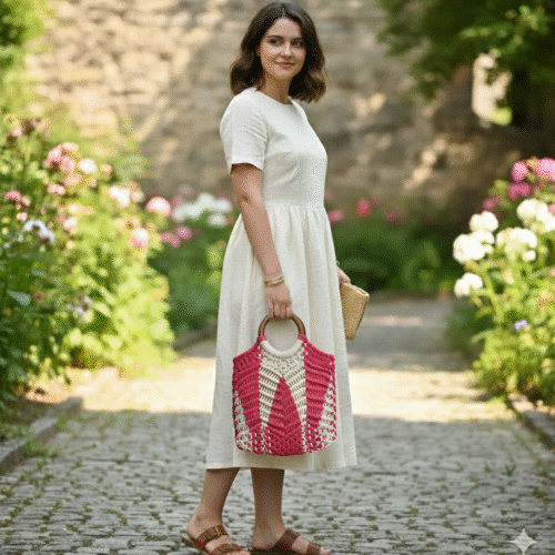 Crown Macrame Hand Bag :- Pink