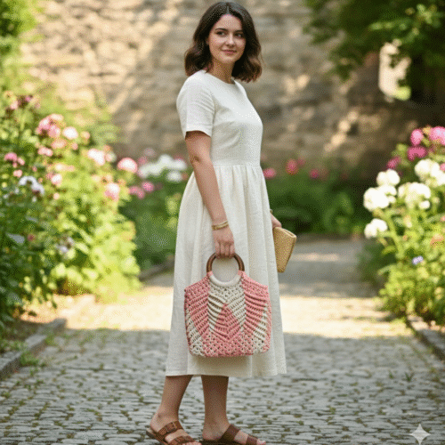 Crown Macrame Hand Bag :-Light Pink