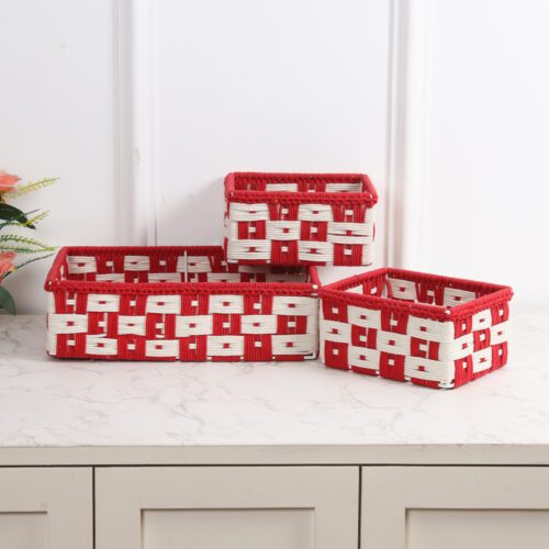 Check Macrame Basket:- Red ( Pack of 3 )