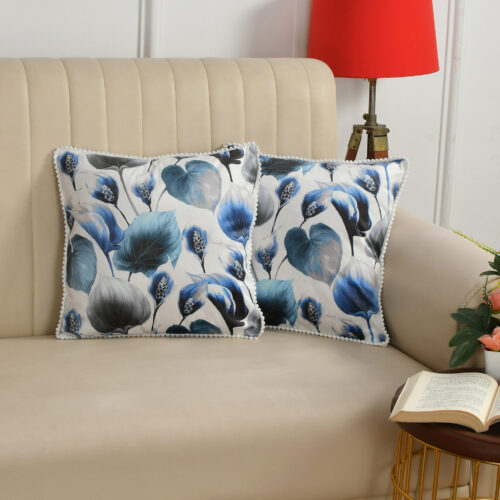 Whispher leaf Printed Velvet Cushion Cover :- Blue