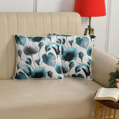 Whispher leaf Printed Velvet Cushion Cover :- Green