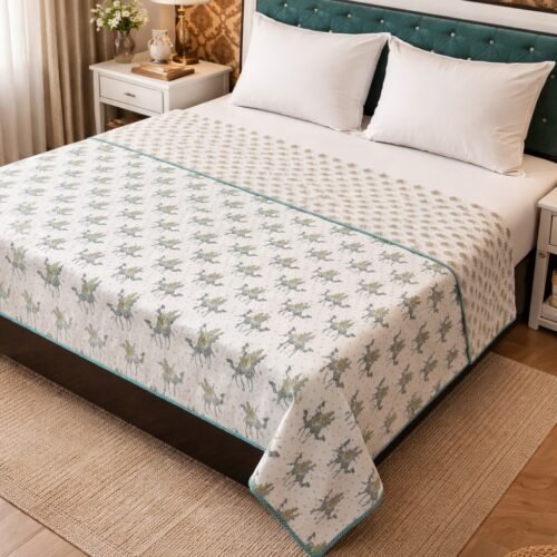 Ritual Printed Cotton Double Bed Dohar/Comforter/AC Blanket, Colour - Green & White.