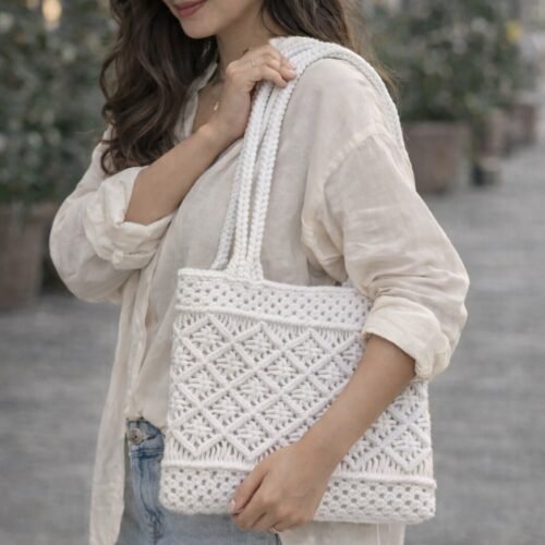 Classy Macrame Shoulder Bag-White